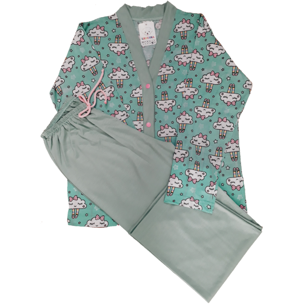 0367 Pijama Verde com Nuvens e Calça Verde 10